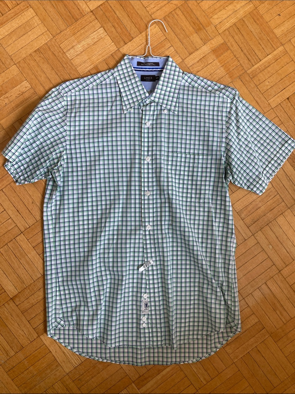 Cotton Green and White Plaid Short-Sleeve Button-Down Shirt
